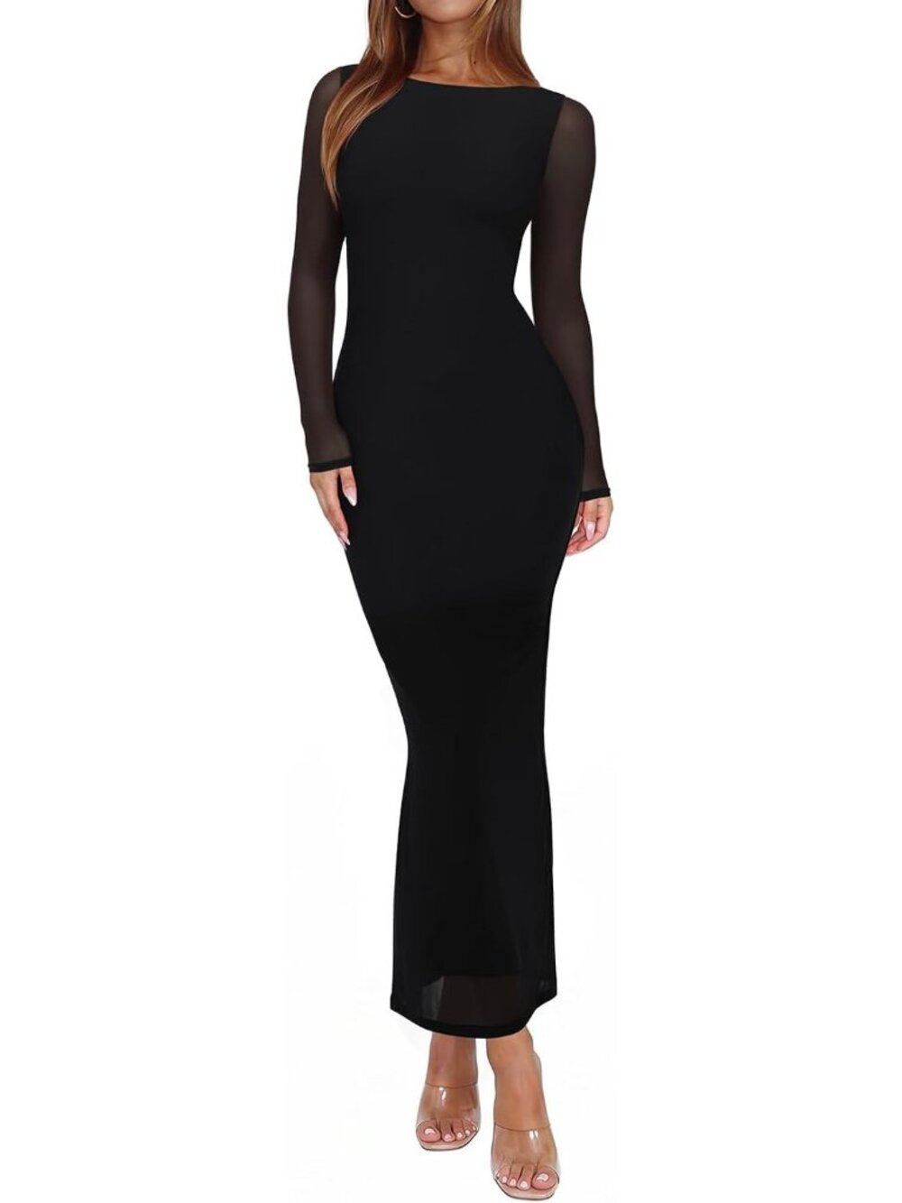 Women's Black Long Sleeve Sexy Floral Bodycon Wedding Guest Maxi Long Dresses